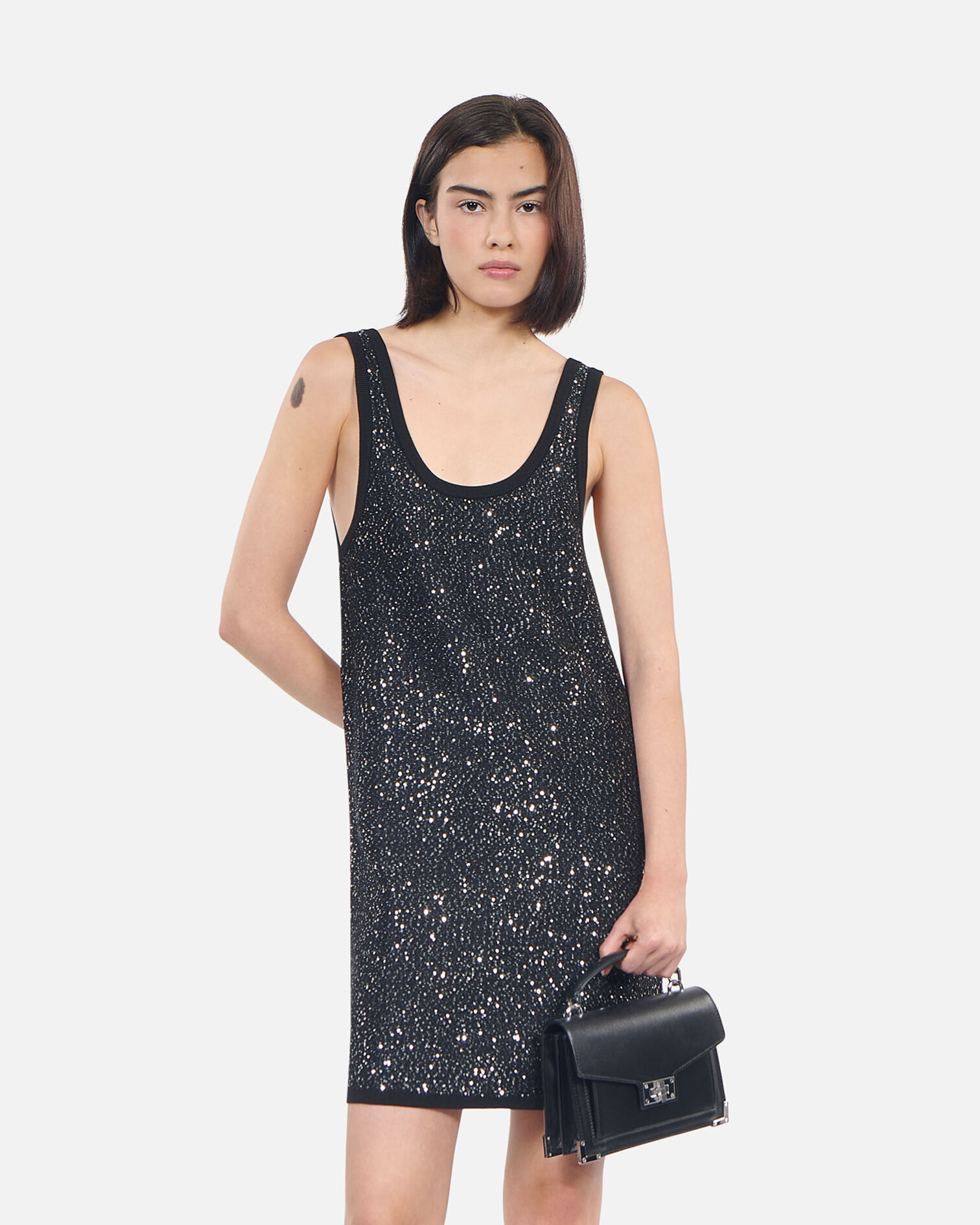 Black sequin knit short dress, BLACK, hi-res image number null