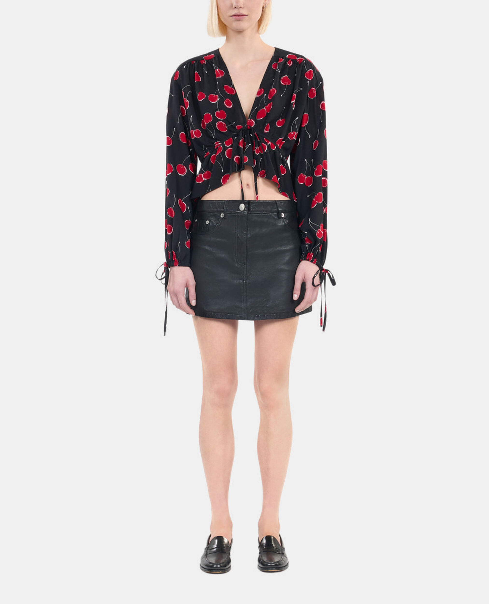 Cherry printed cropped top with ruffles, BLACK - RED, hi-res image number null