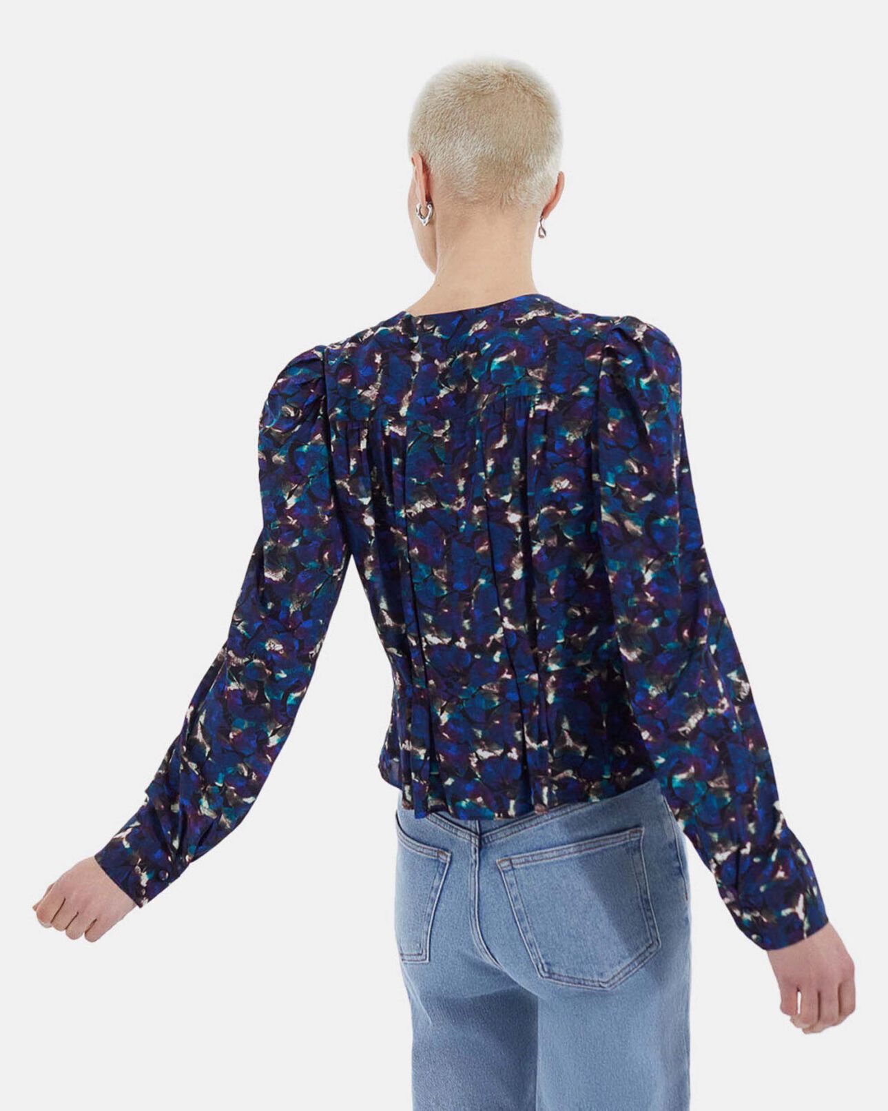 The Kooples WOMEN BLUE flowing blue top w/ pleating and floral motif