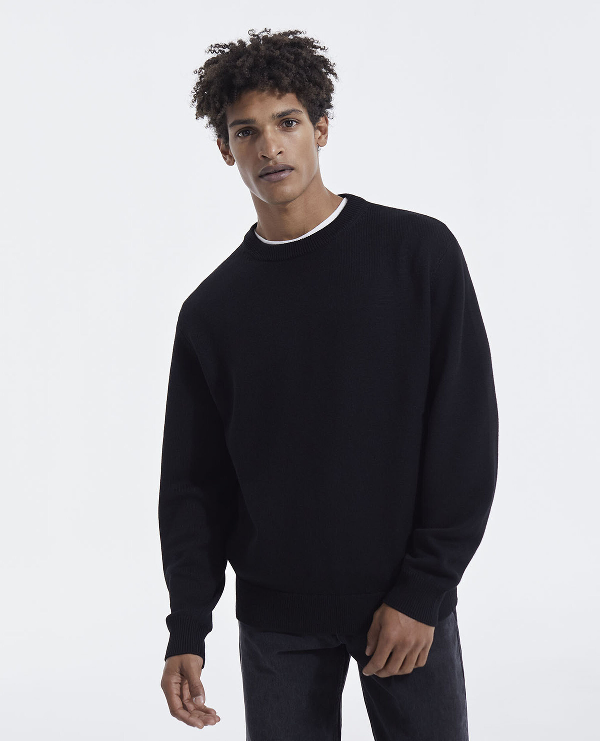 Black knit sweater with triple band crew neck, BLACK, hi-res image number null