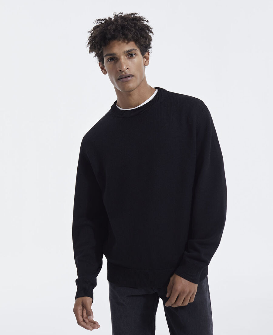 black knit sweater with triple band crew neck