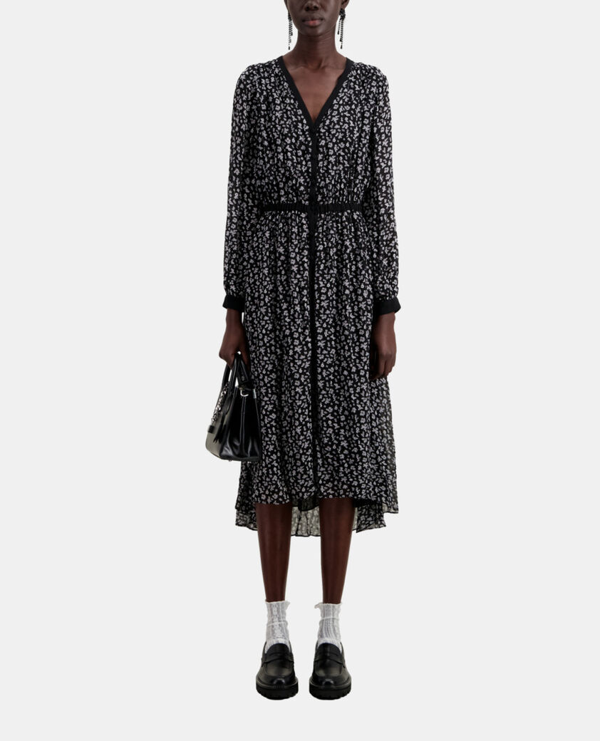 The Kooples F BLACK-ECRU long printed dress with buttoning