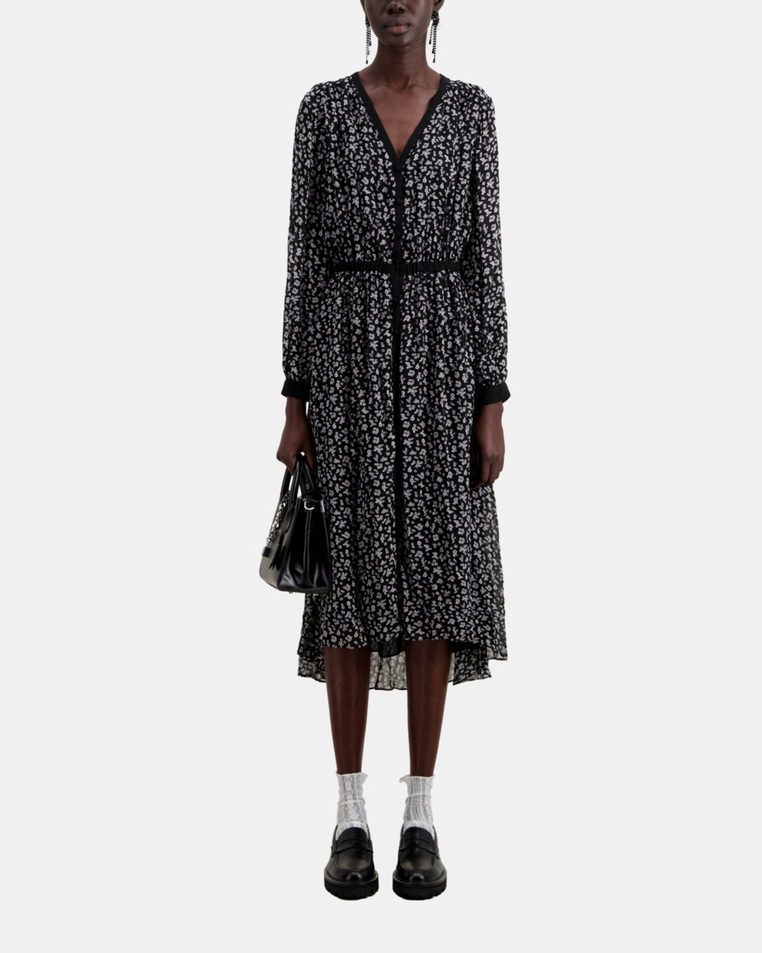 Langes Kleid mit Print und Knopfverschluss, BLACK-ECRU, hi-res image number null