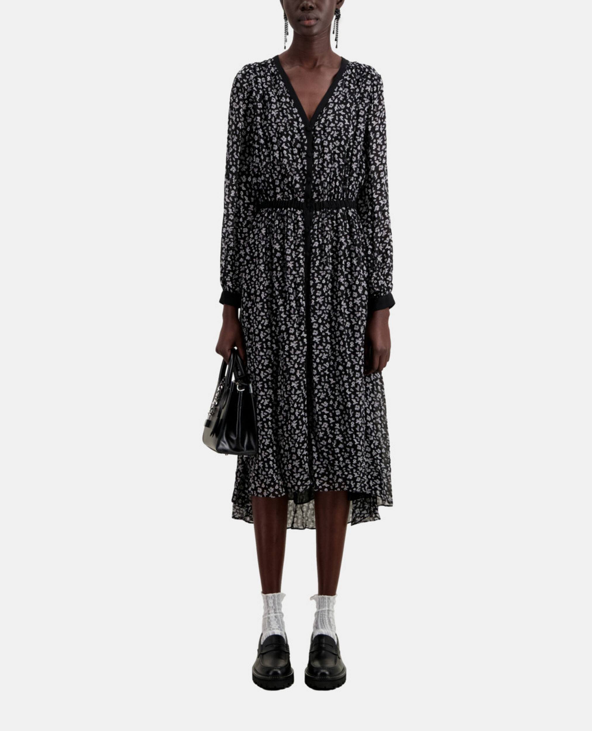 Long printed dress with buttoning, BLACK-ECRU, hi-res image number null