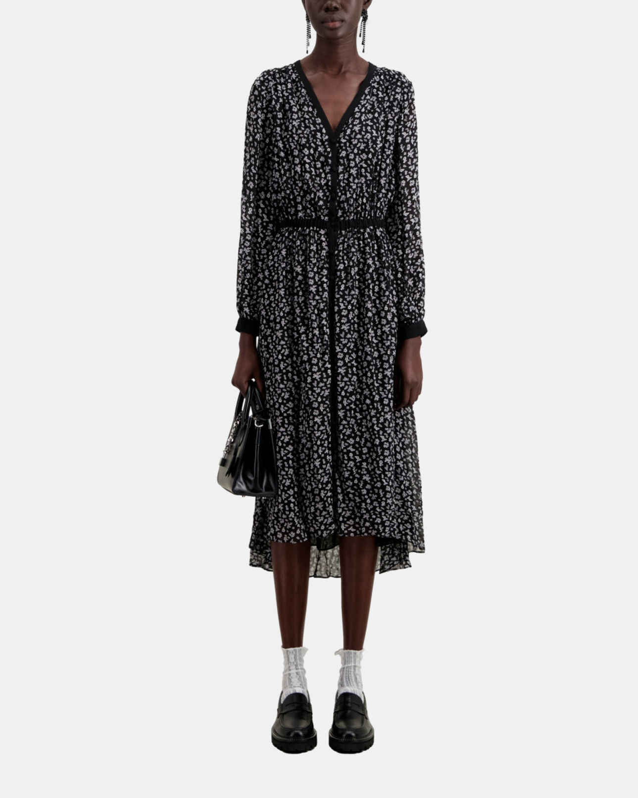 The Kooples WOMEN BLACK-ECRU long printed dress with buttoning