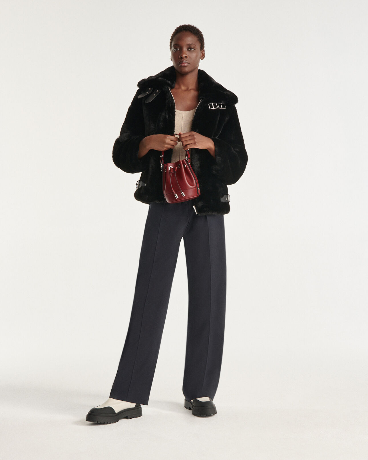 The Kooples WOMEN BLACK black leather and faux fur coat