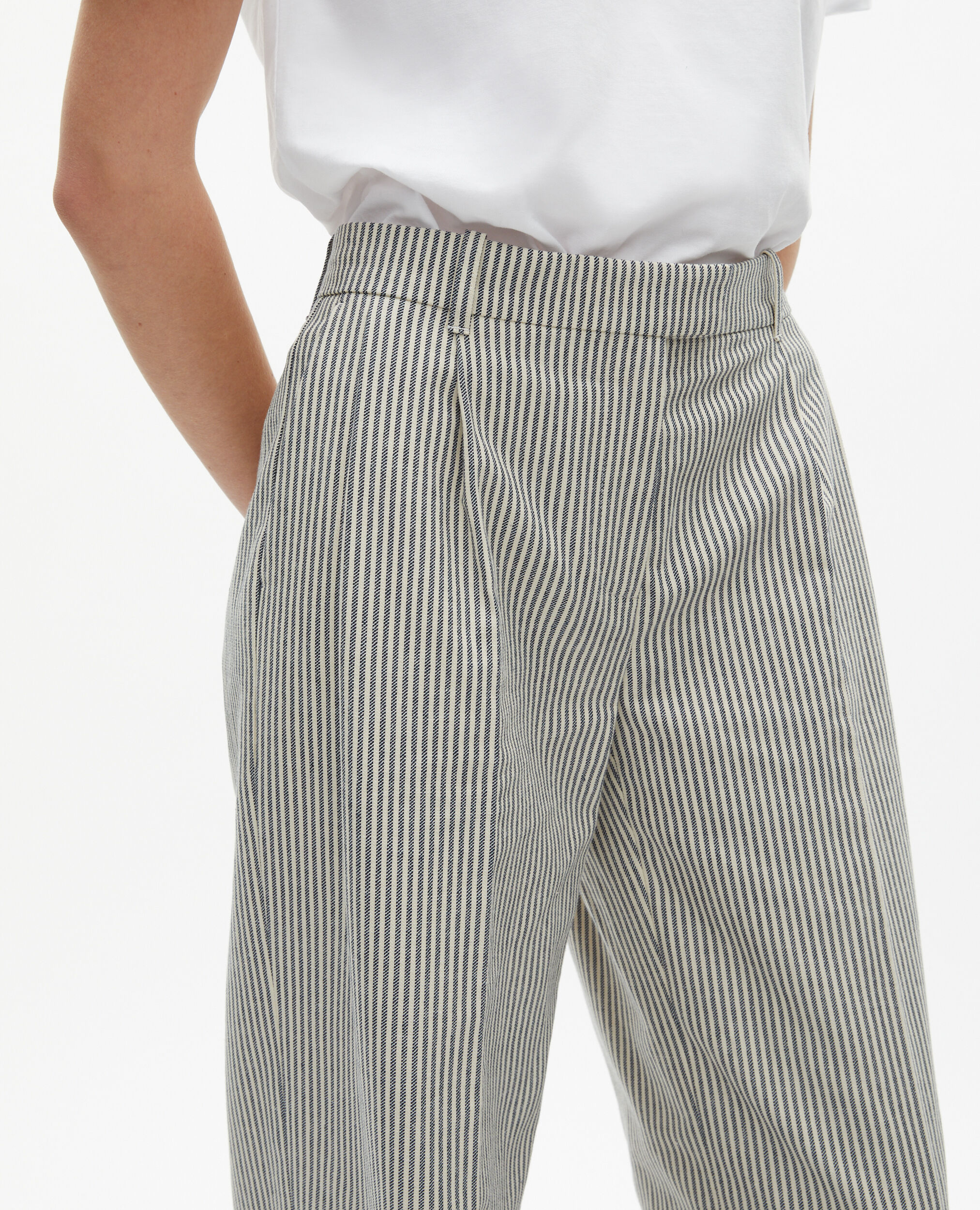 Loose-fitting striped pants in white cotton and linen, BLANC / BLEU, hi-res image number null