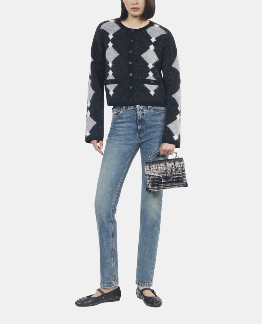 The Kooples FEMME BLACK GREY WHITE cardigan en alpaga à losanges gris