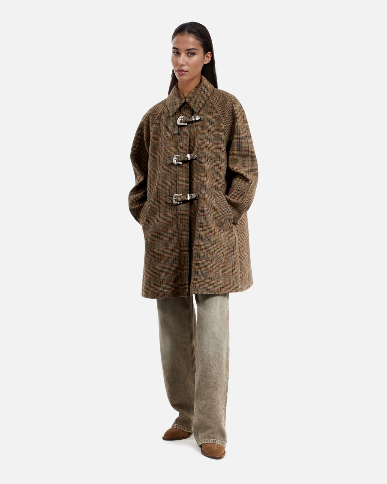 The Kooples WOMEN CHOCOLATE prince of wales brown wool coat