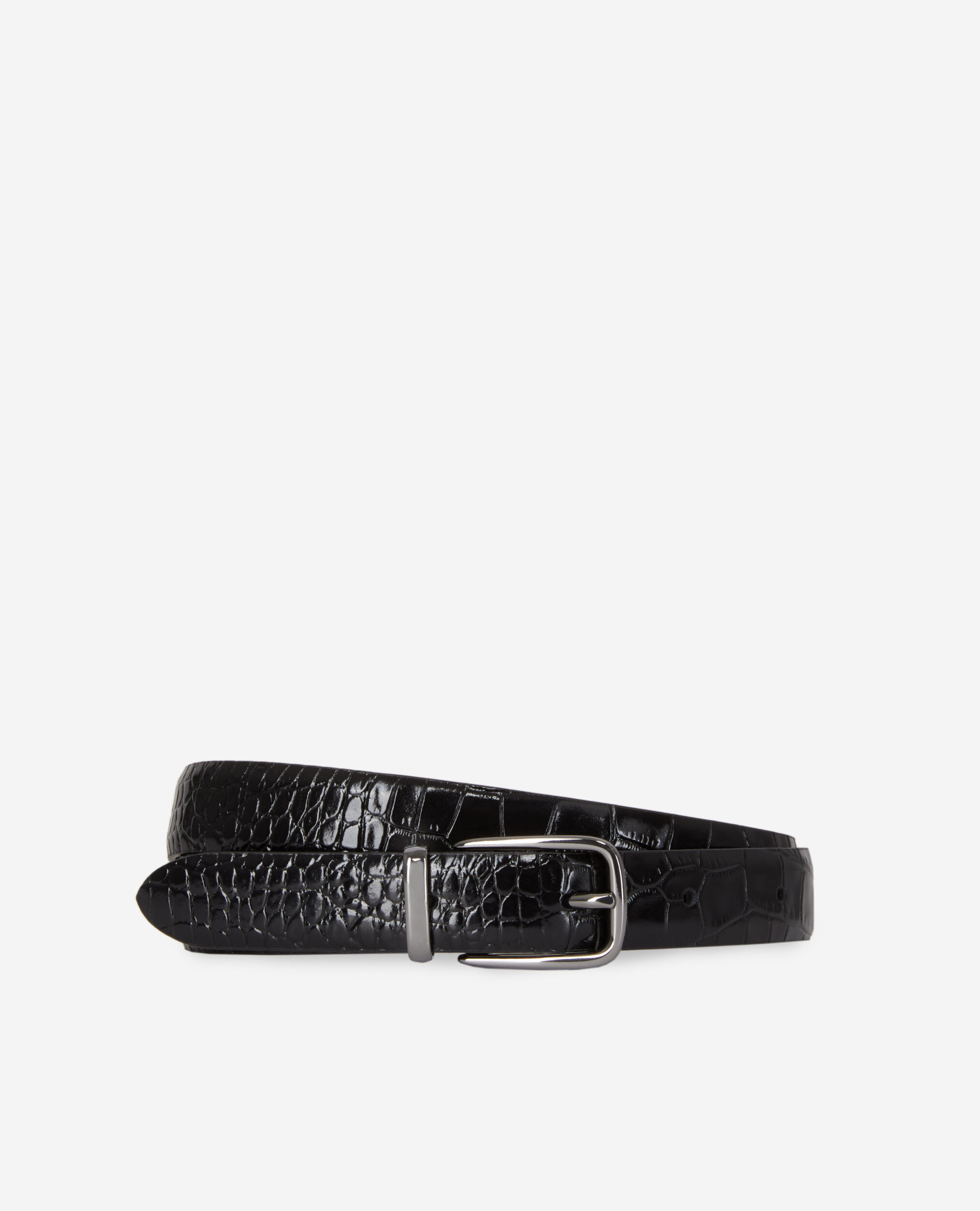 Black crocodile-effect leather belt, BLACK, hi-res image number null