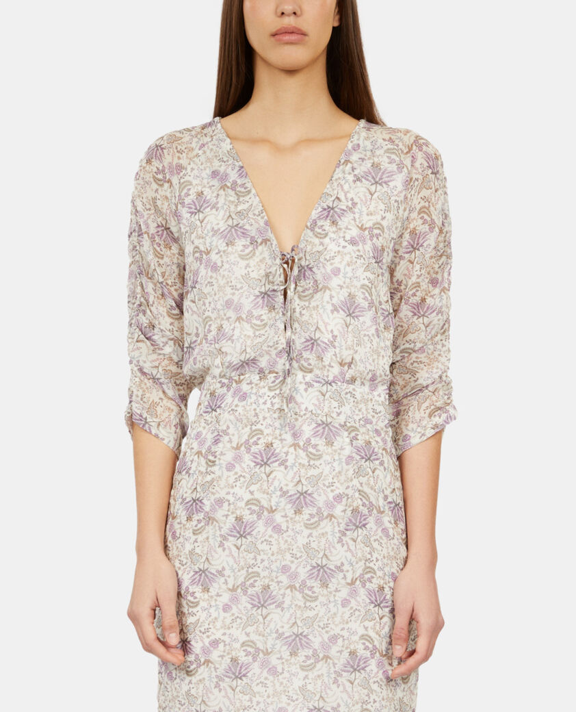 The Kooples FEMME ECRU/MAUVE CHALK robe courte fleurie avec laçage