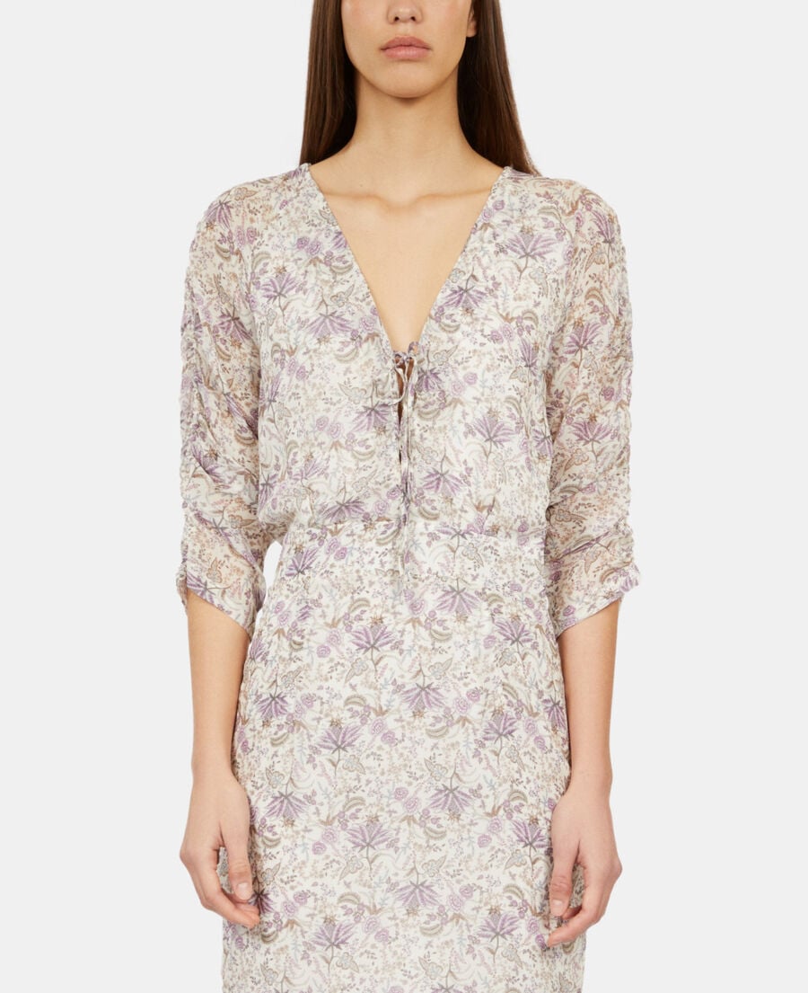 The Kooples FEMME ECRU/MAUVE CHALK robe courte fleurie avec laçage