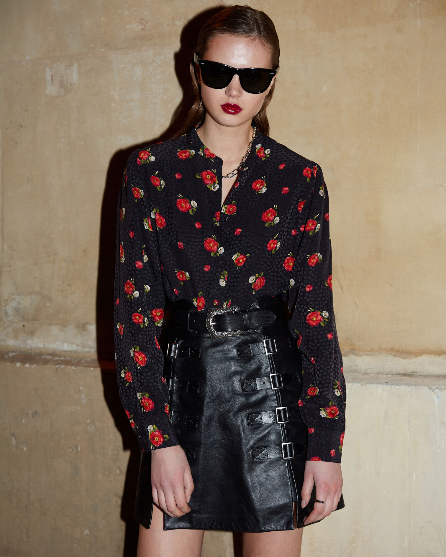 Chemise noire imprimée fleurs, BLACK, hi-res image number null