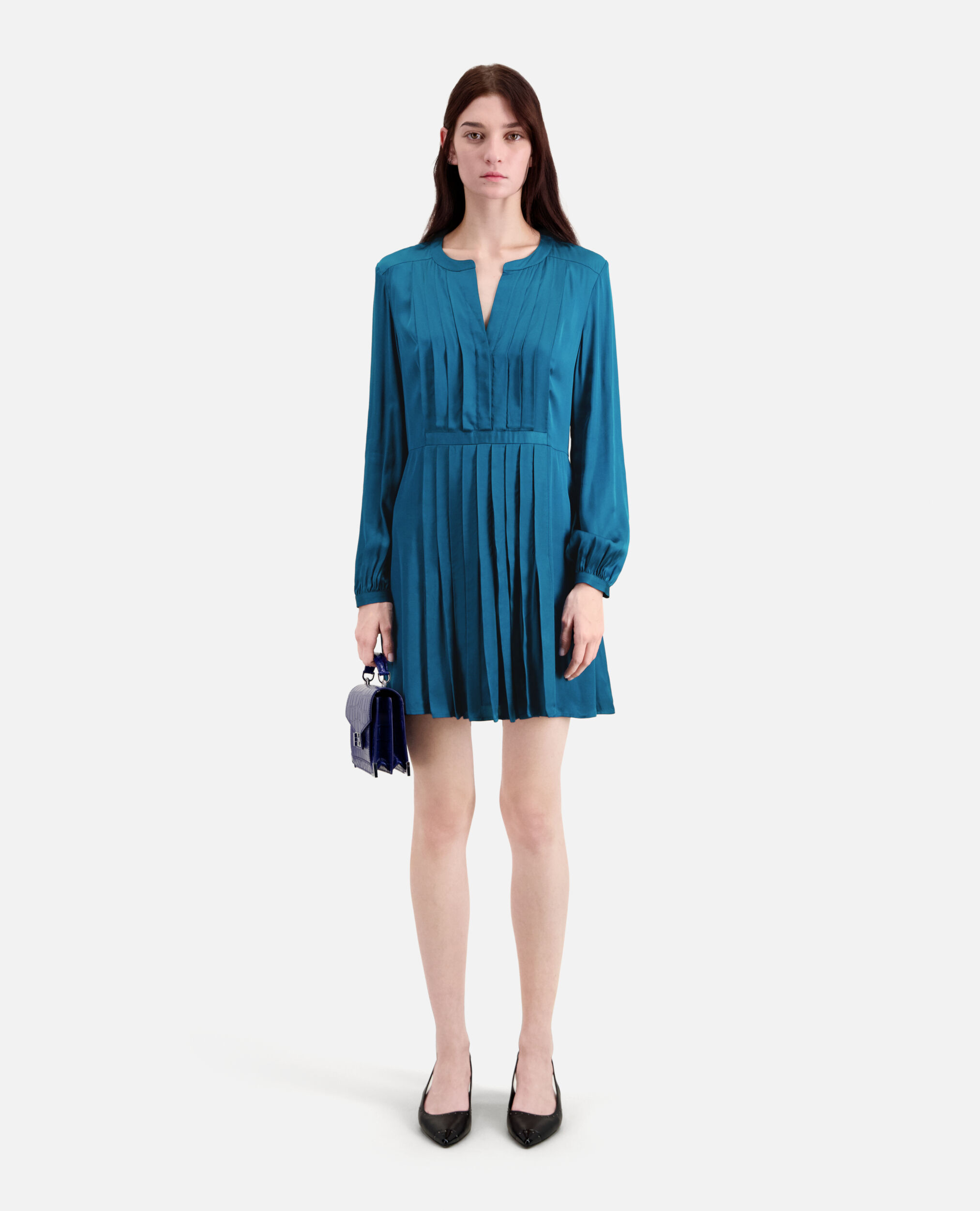 Short blue dress with pleating, MEDIUM BLUE, hi-res image number null
