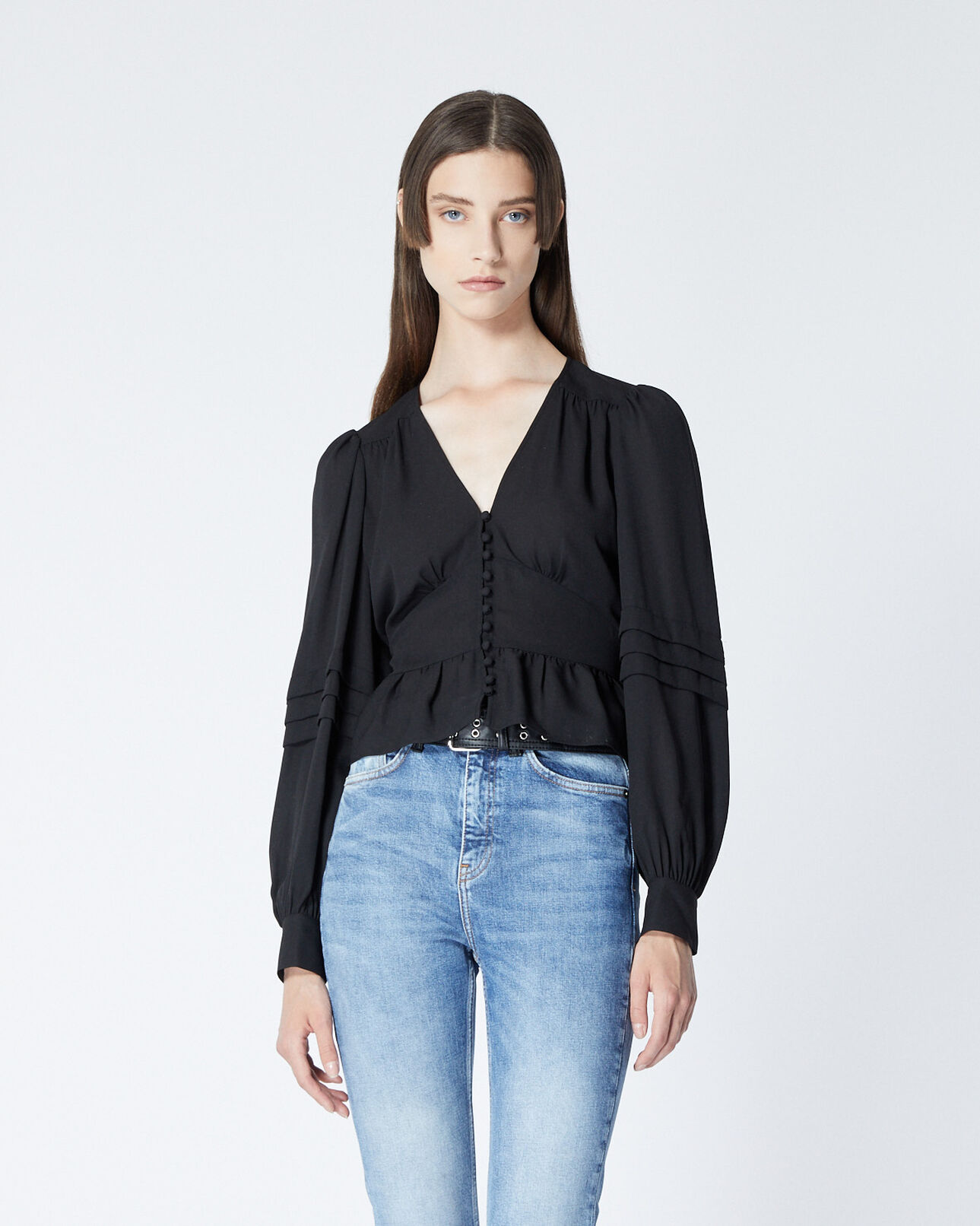 The Kooples WOMEN BLACK flowing buttoned black top with peplum