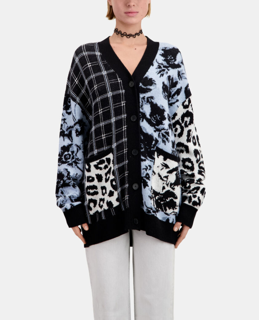 The Kooples FEMME BLUE MELANGE / BLACK cardigan avec patchwork en laine mélangée