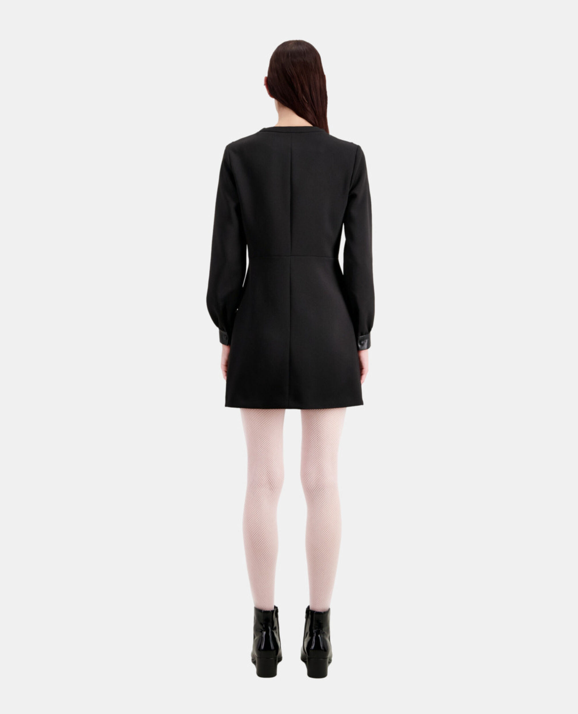 Short crepe dress with leather details, BLACK, hi-res image number null
