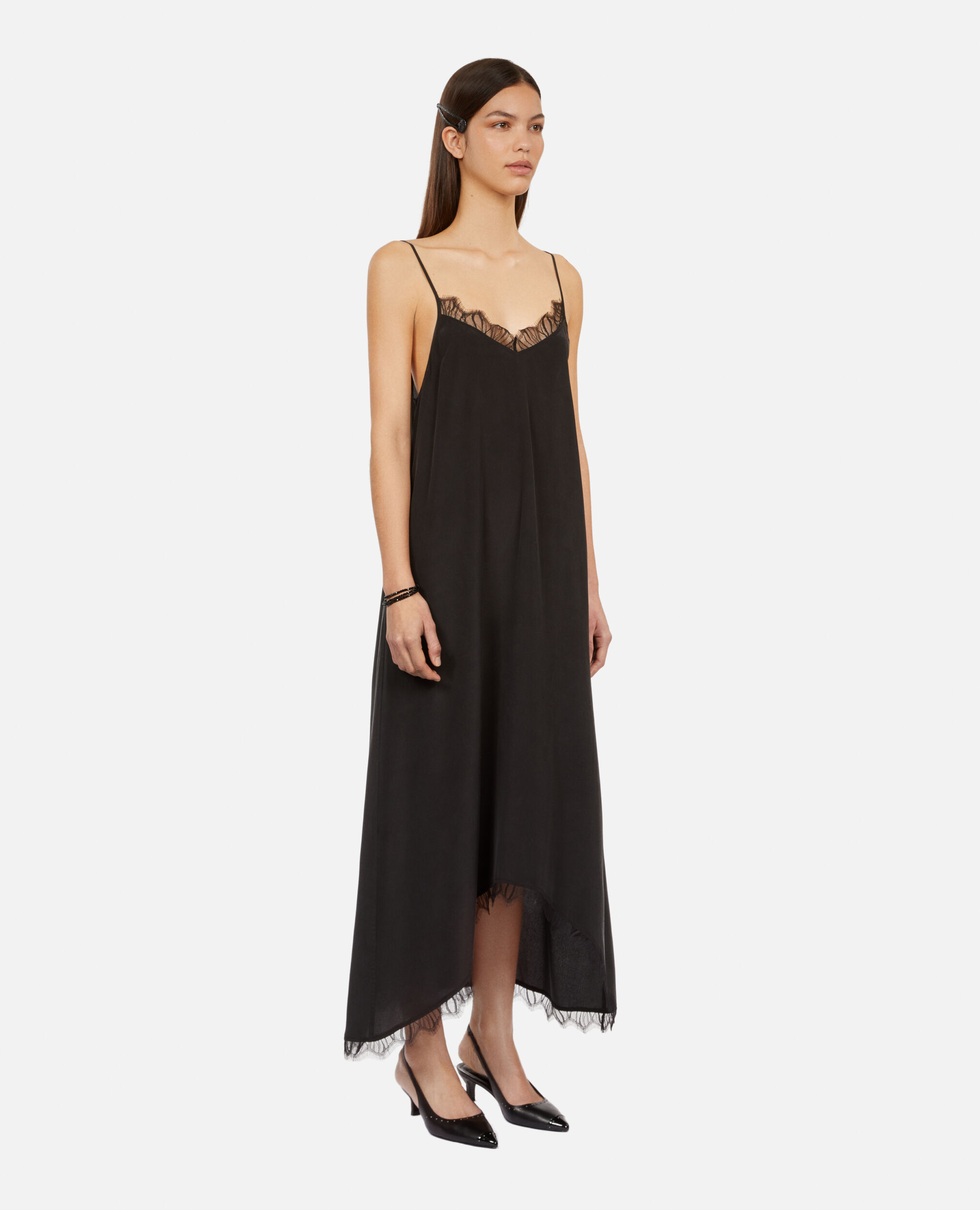 Long black slip dress in washed silk, BLACK, hi-res image number null