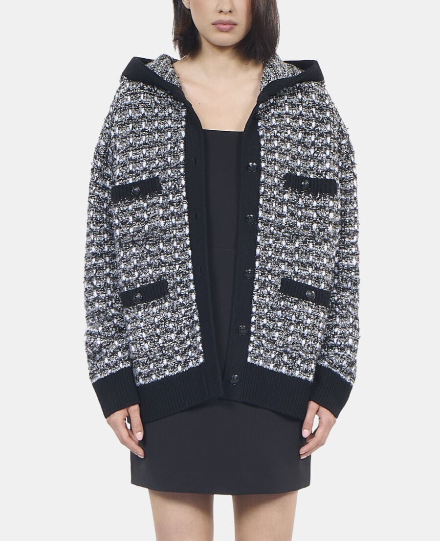 The Kooples FEMME BLACK / WHITE cardigan &agrave; capuche en tweed noir et blanc