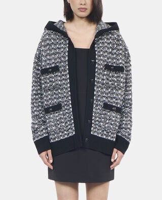 The Kooples FEMME BLACK / WHITE cardigan &agrave; capuche en tweed noir et blanc