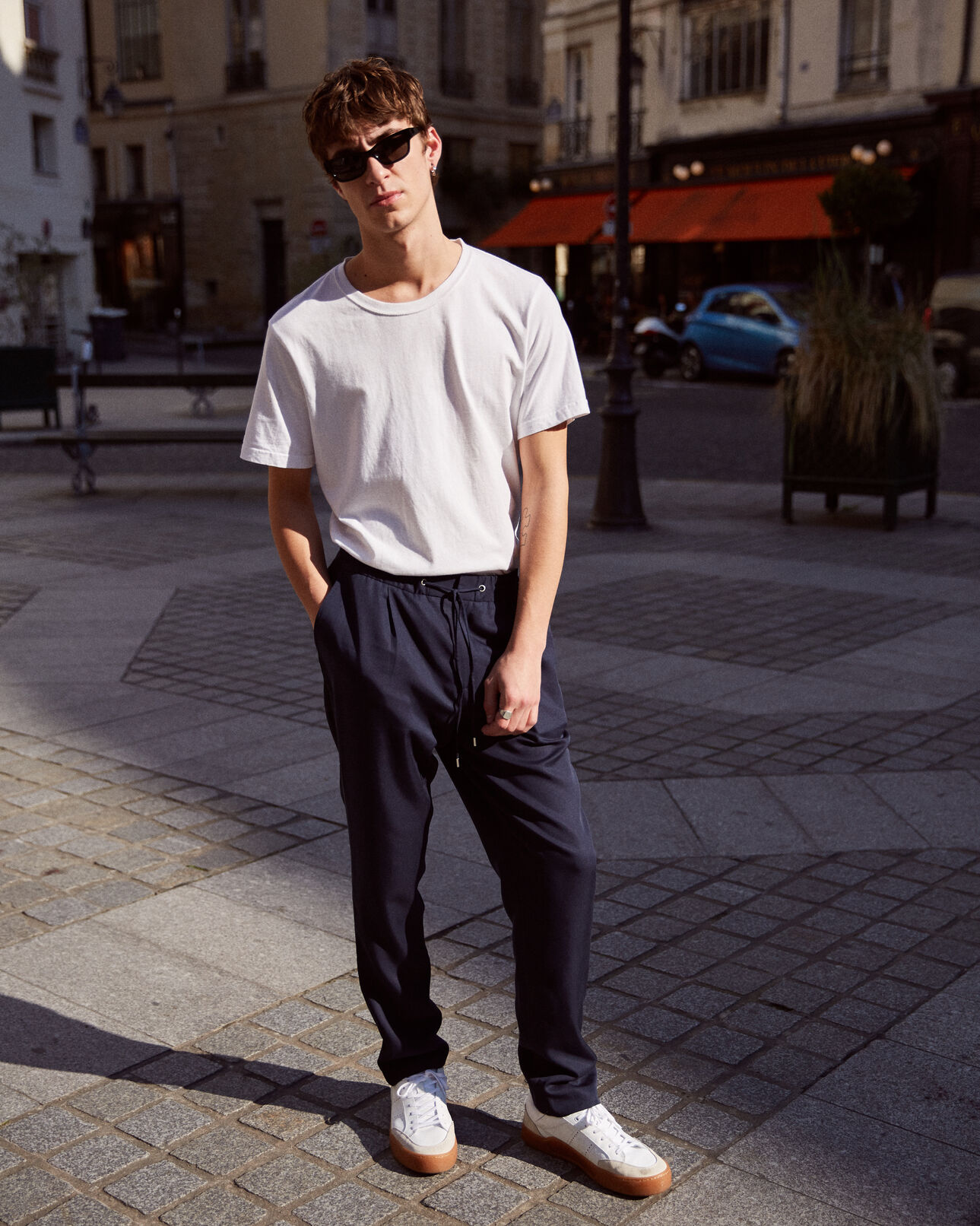 The Kooples MEN NAVY navy blue cotton twill trousers with woven beige piping
