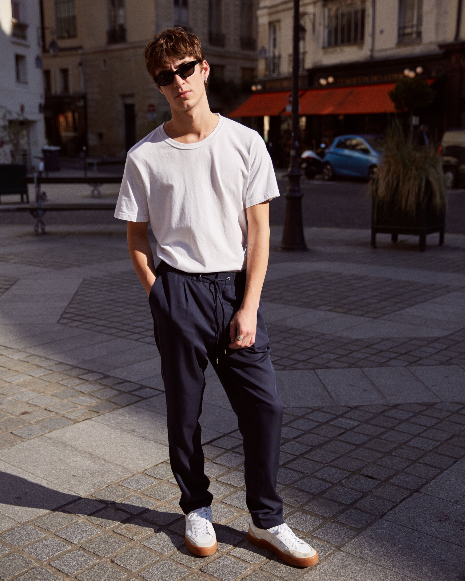 Navy blue cotton twill trousers with woven beige piping, NAVY, hi-res image number null