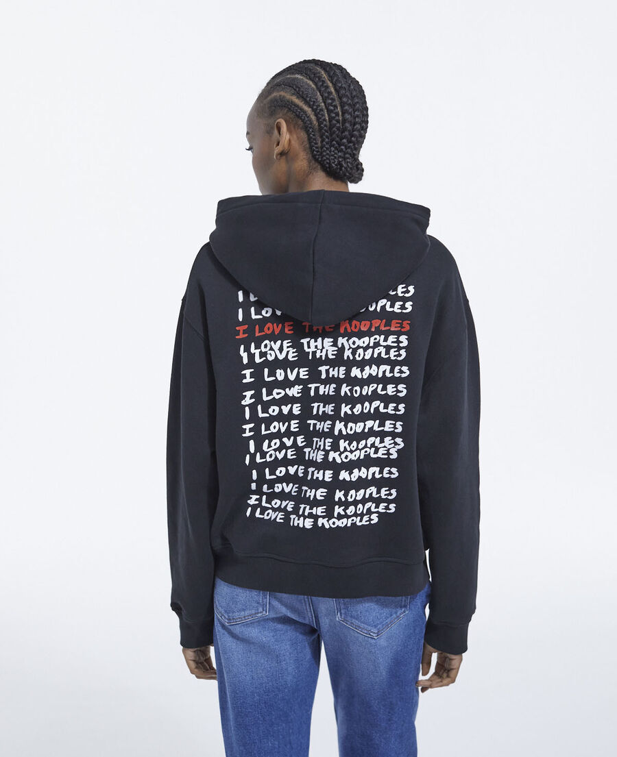 black hooded sweatshirt with chest writing