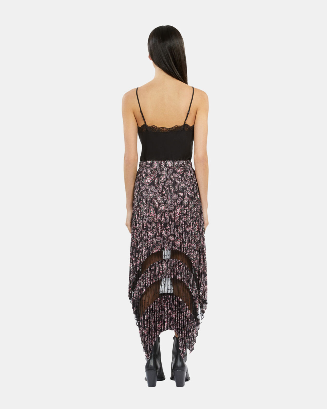 The Kooples WOMEN BLACK / PINK black and pink paisley print pleated long skirt with mesh inserts