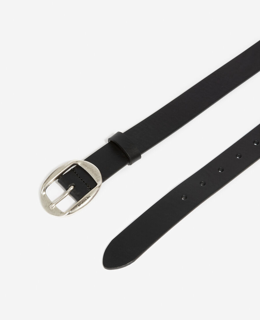 black leather belt with oval buckle