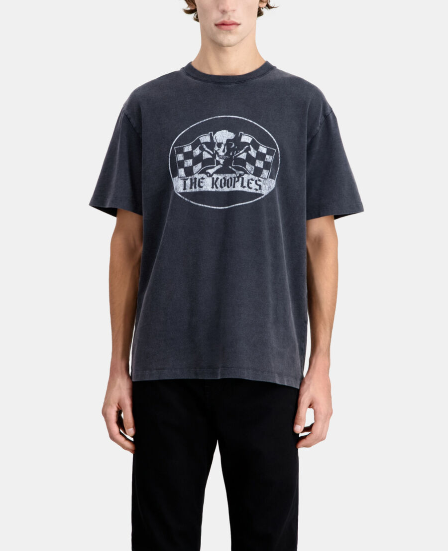 The Kooples H BLACK WASHED men's black t-shirt with racing skull serigraphy