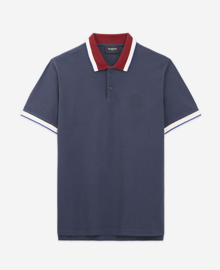midnight blue polo with burgundy contrast collar