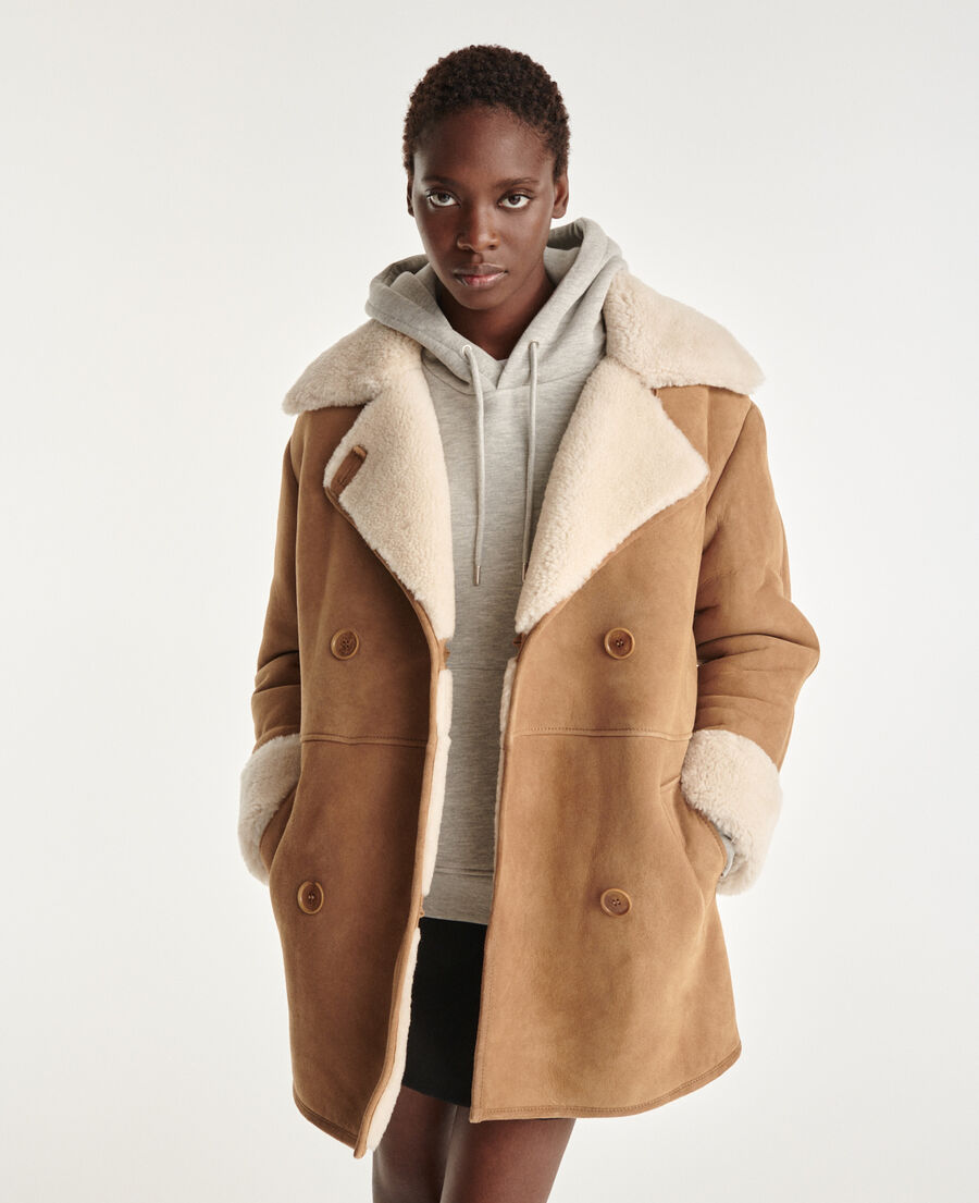 beige button-up sheepskin jacket