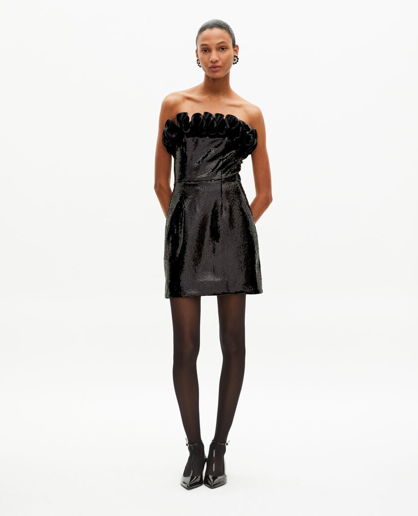The Kooples F BLACK short strapless sequin dress with leather-effect detail in black
