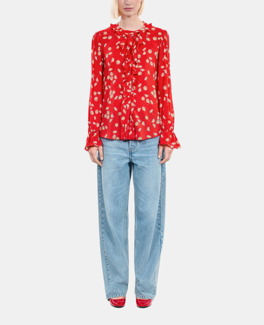The Kooples F RED / WHITE floral printed shirt with ruffles