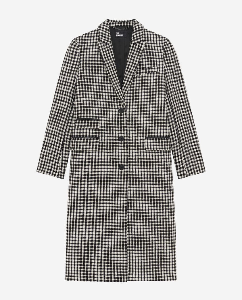 The Kooples WOMEN BLACK WHITE long houndstooth coat in black and white wool
