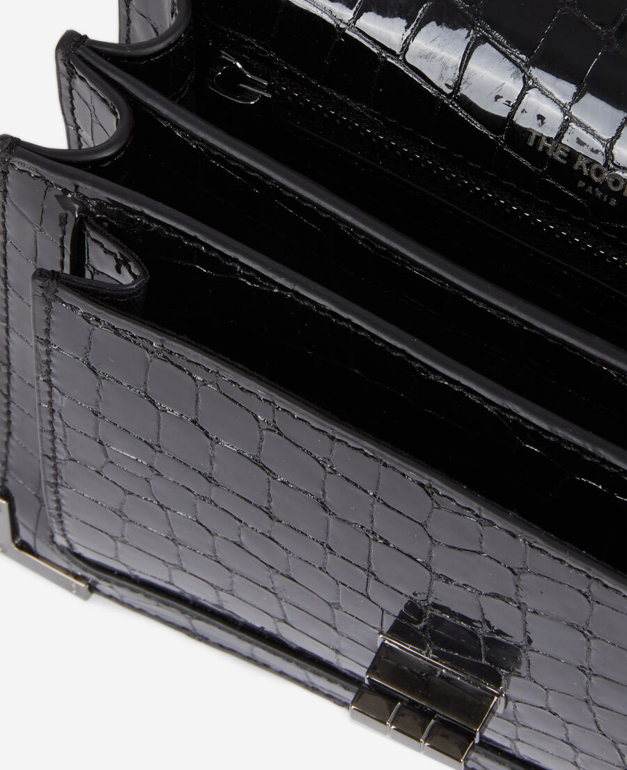 emily chain bag in black crocodile-effect leather