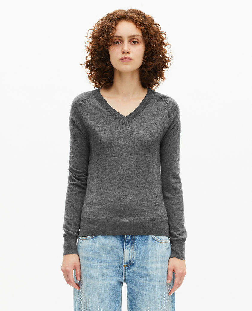 The Kooples FEMME DARK GREY MELANGE pull col v en laine m&eacute;rinos gris