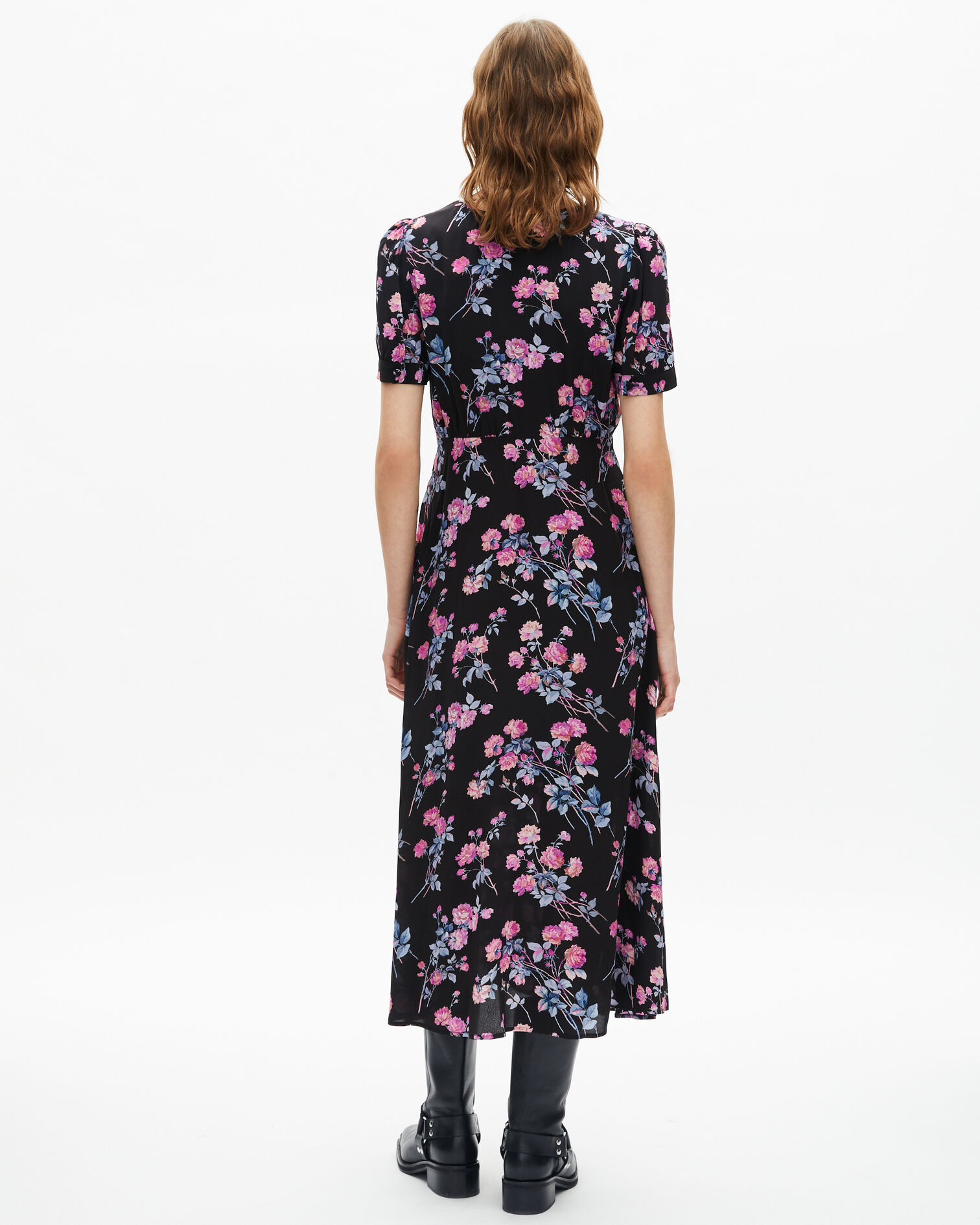 Black floral print long dress, BLACK / PINK, hi-res image number null