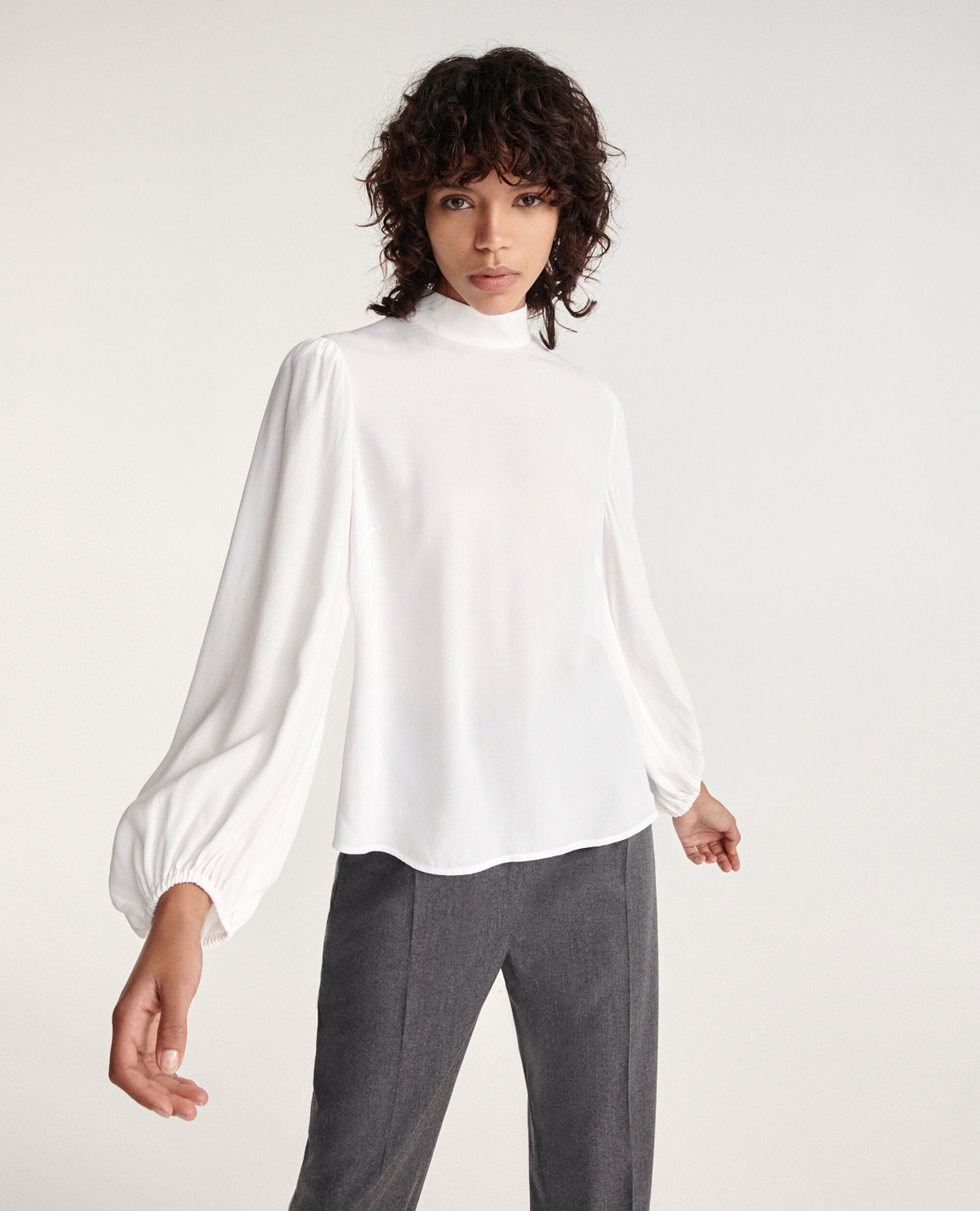 Flowing white top with high neck, WHITE, hi-res image number null