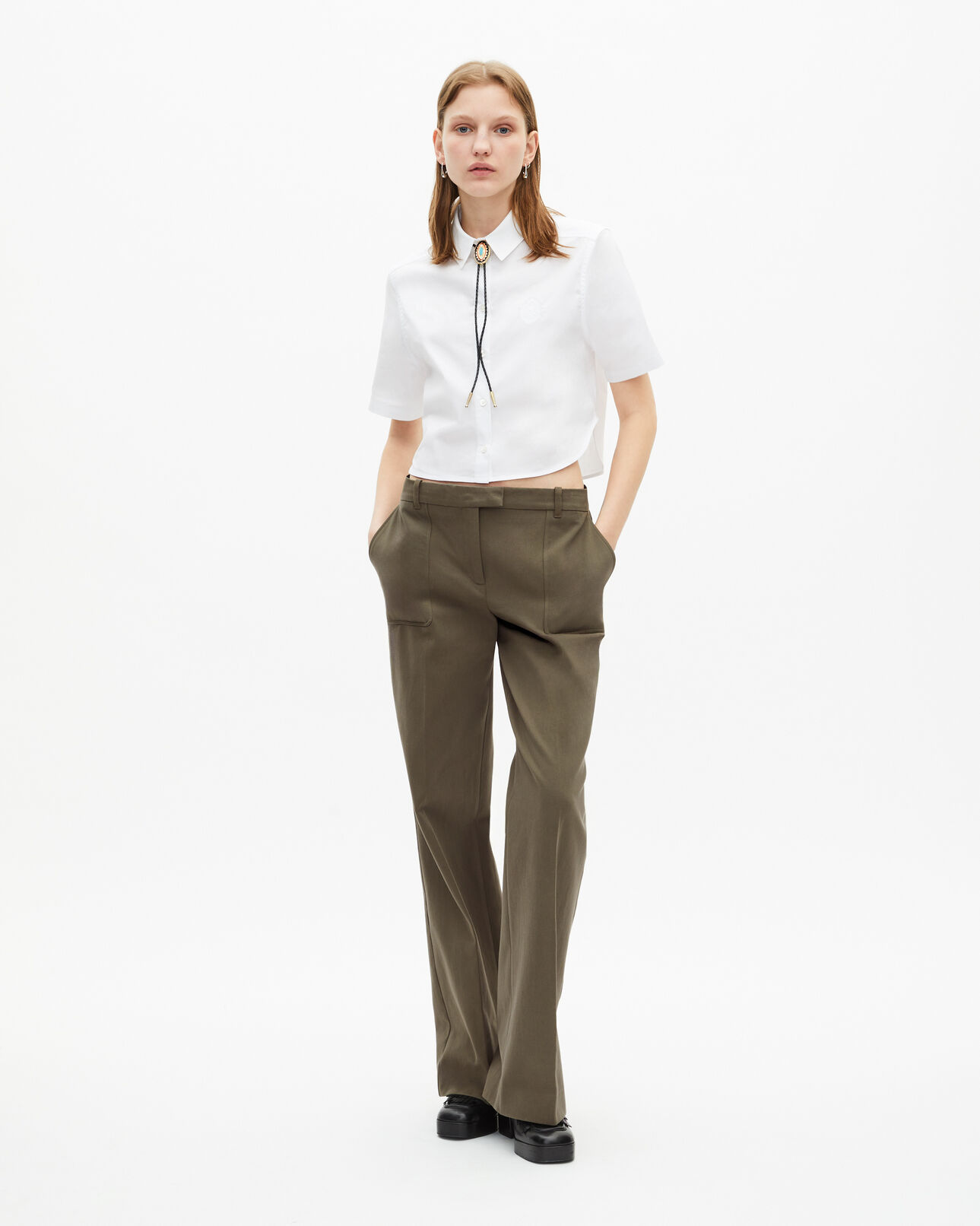 The Kooples WOMEN KAKI khaki cotton wide leg pants
