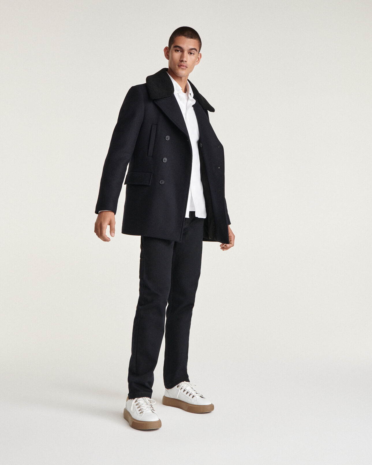The Kooples MEN NAVY navy blue coat with removable fur collar