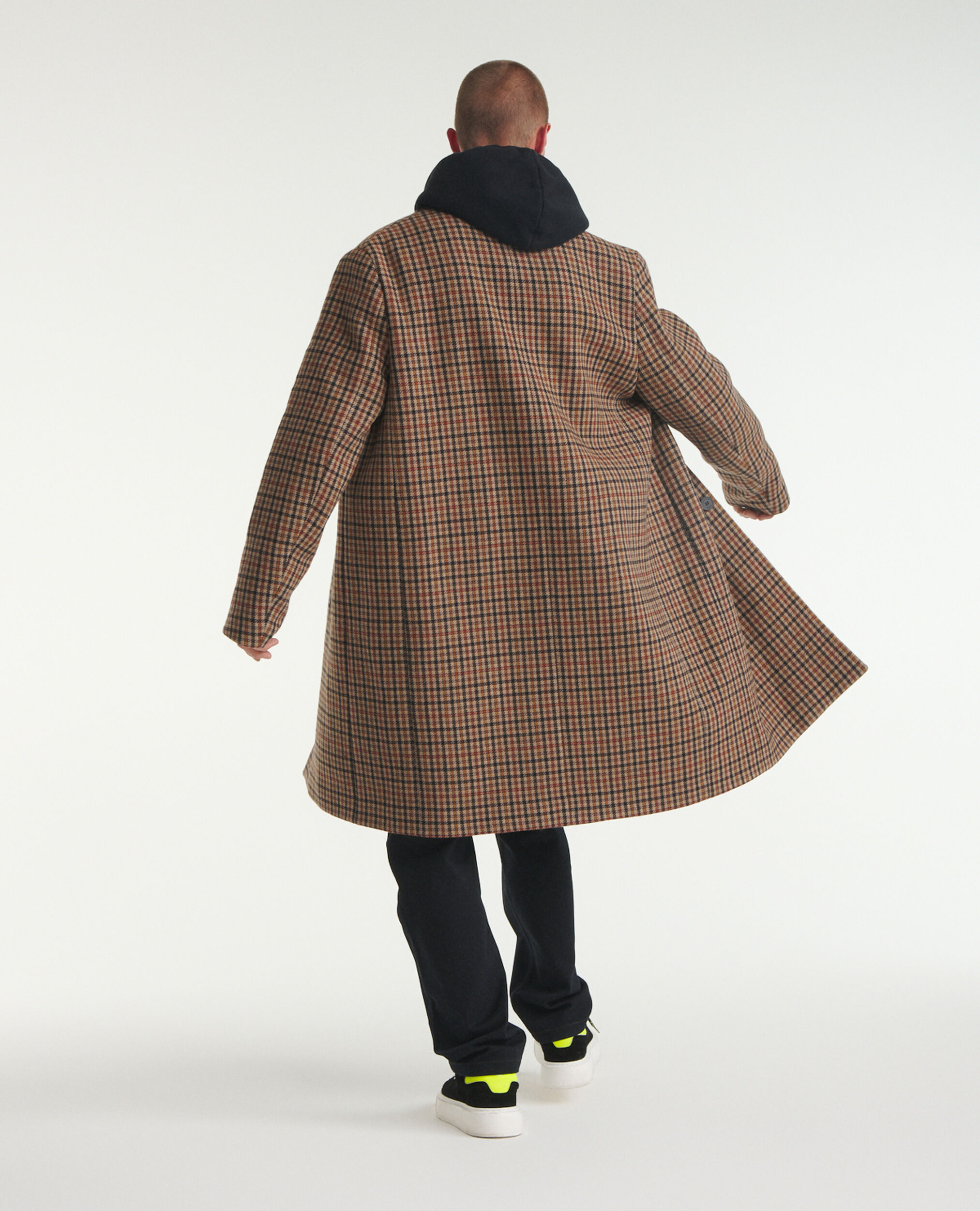 Straight-cut check camel printed coat in wool, BABY CAMEL / WINE RED, hi-res image number null