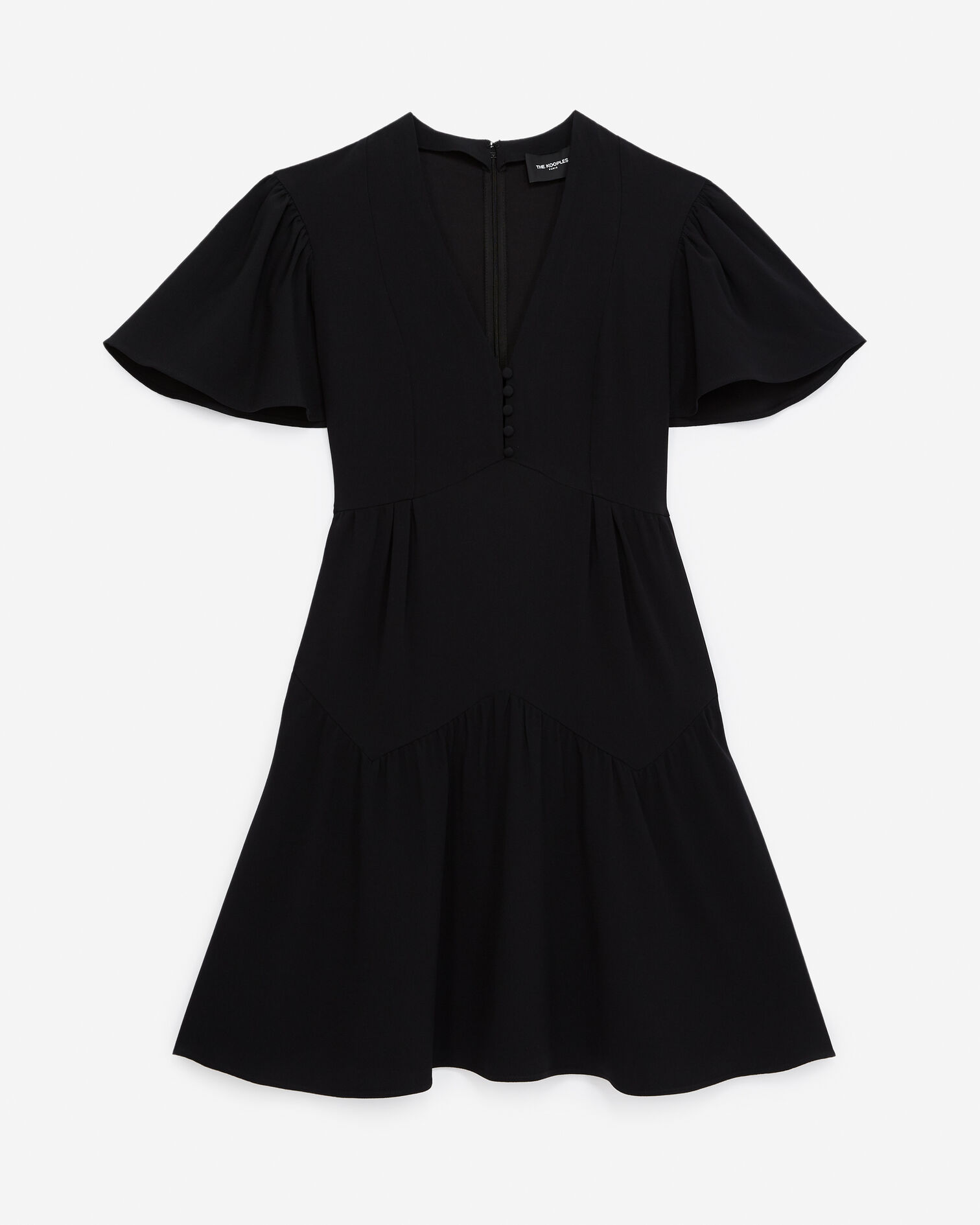 Robe courte crepe noire fluide col V, BLACK, hi-res image number null