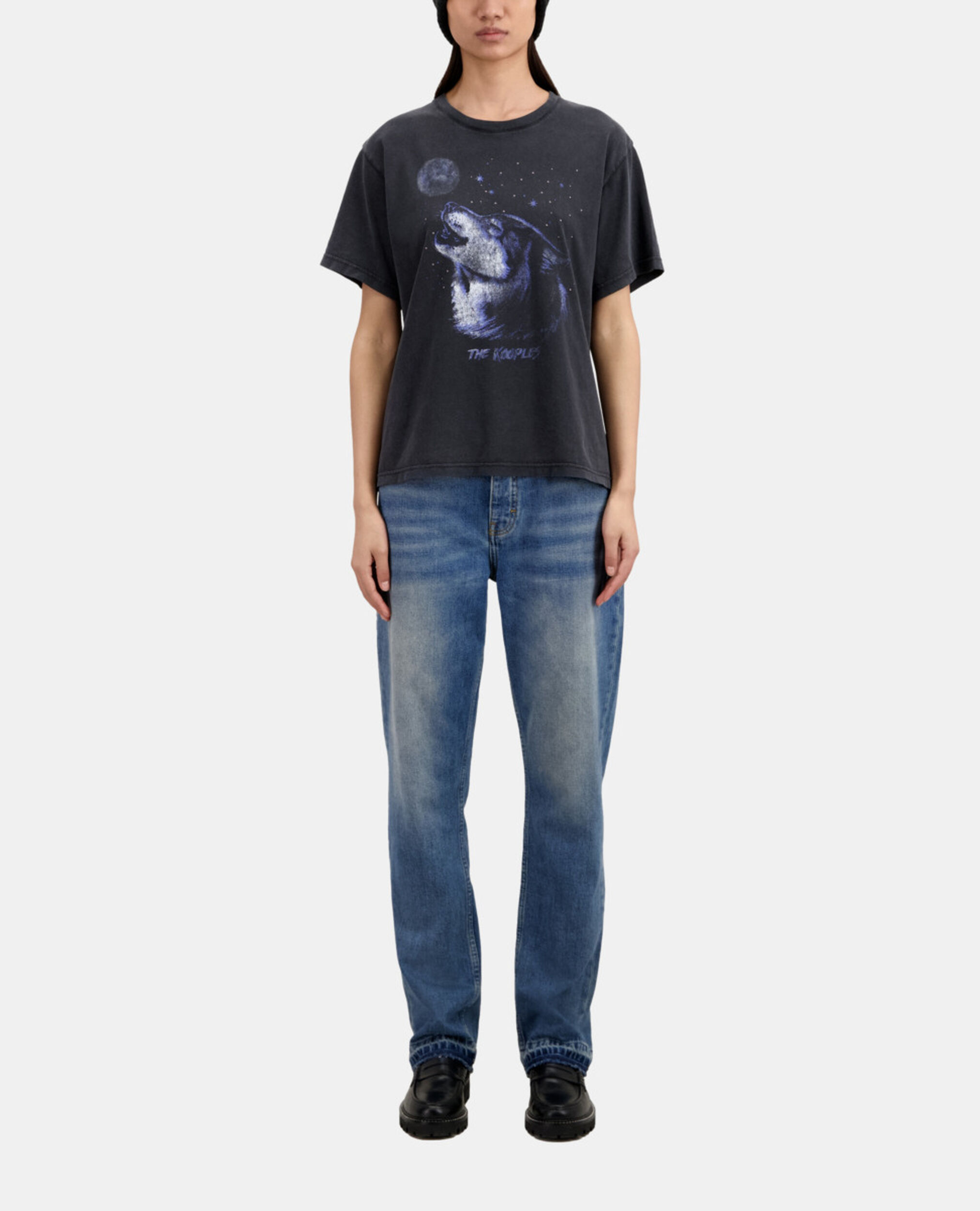 Schwarzes T-Shirt Damen mit „Wolf“-Siebdruck, BLACK WASHED, hi-res image number null