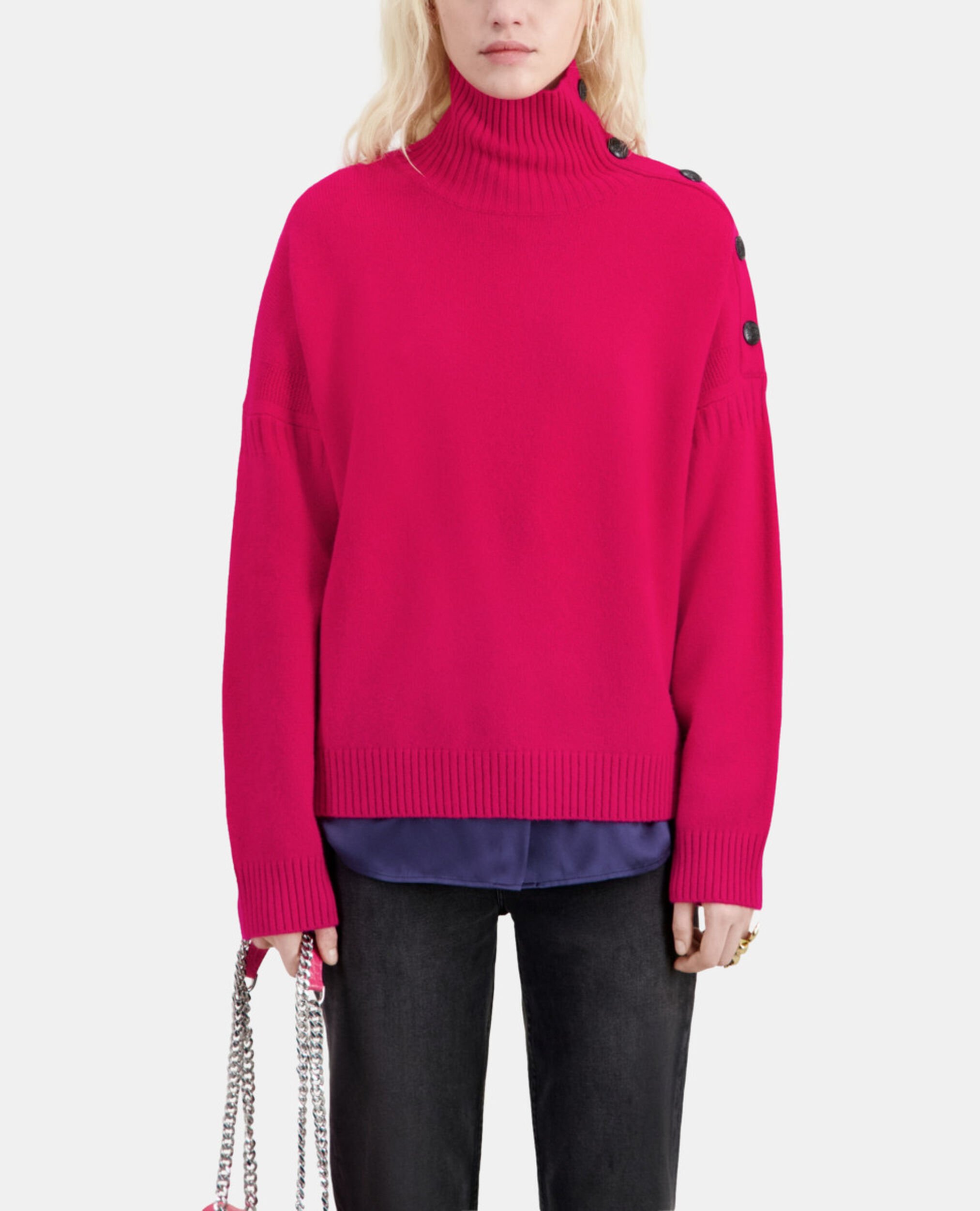 Pull en cachemire avec boutons fuchsia, CHERRY, hi-res image number null