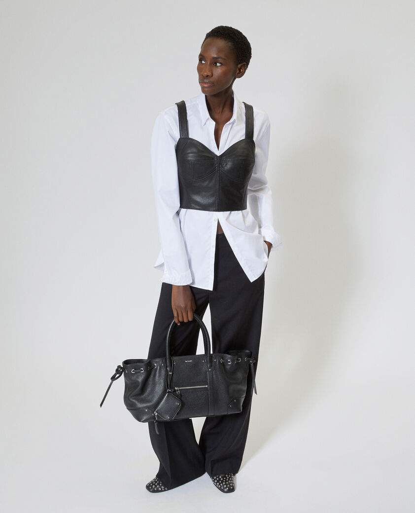 The Kooples FEMME BLACK sac cabas fronc&eacute; en cuir grain&eacute; noir