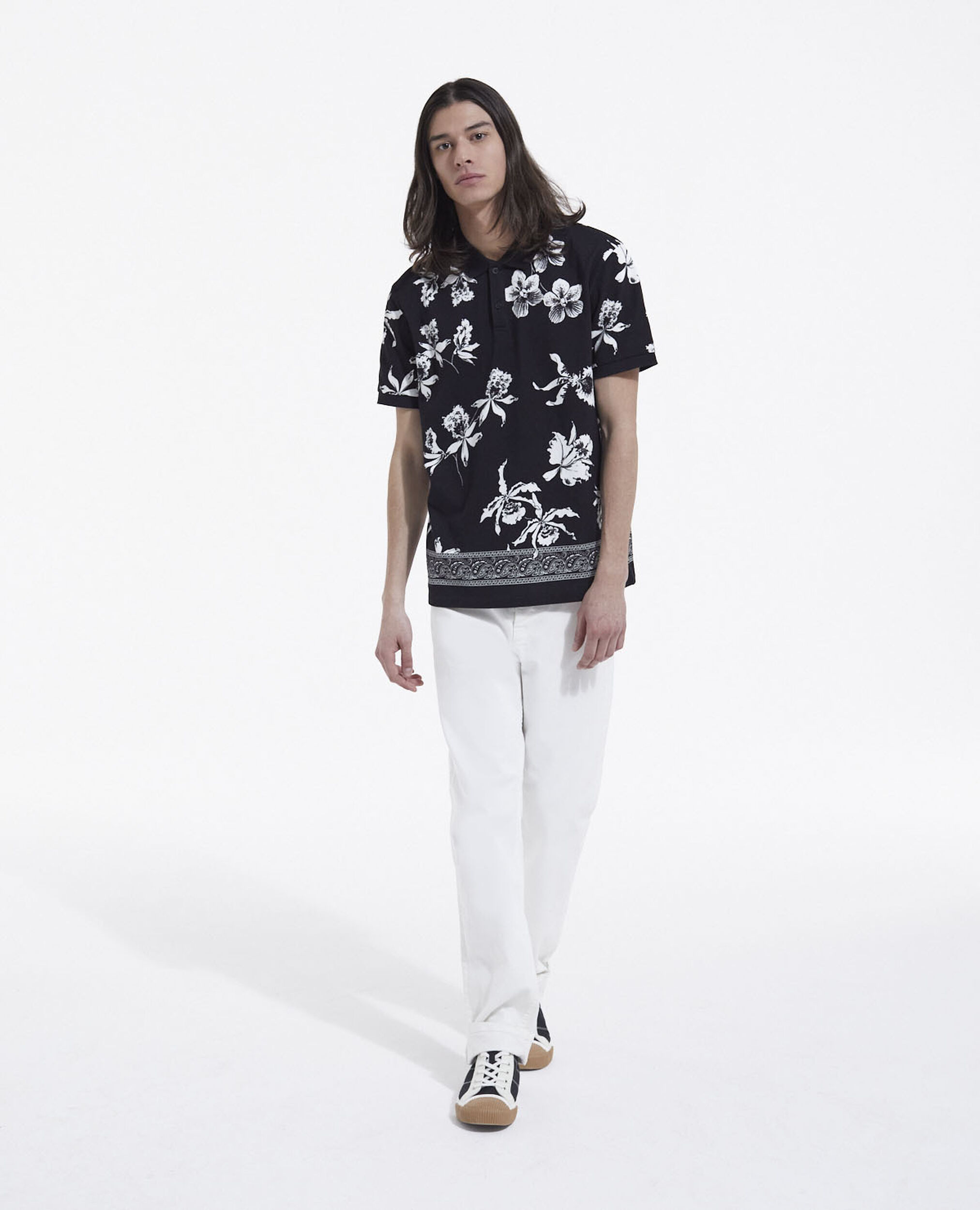 Camisa polo negra blanca floral casual, BLACK-ECRU, hi-res image number null