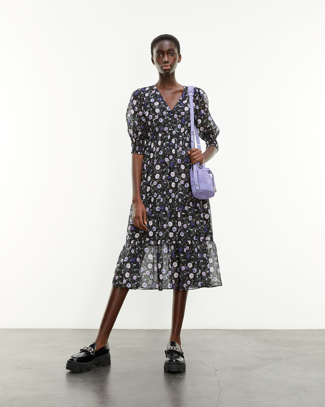 The Kooples WOMEN BLACK-PURPLE buttoned printed midi dress with frills
