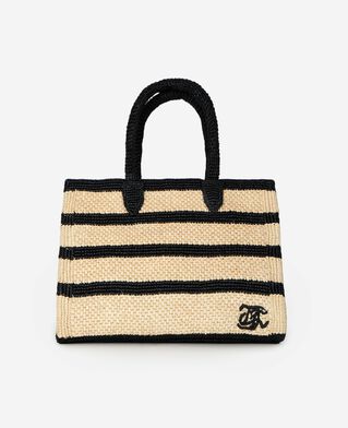 The Kooples F ECRU BLACK shopping bag in black and ecru raffia