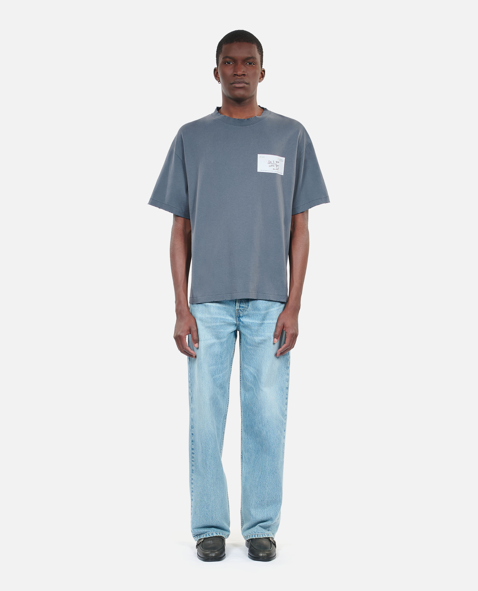 Blaues T Shirt mit Business card Siebdruck